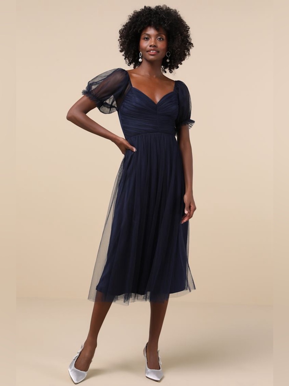 Lulus Glorious Chicness Navy Tulle Pleated Puff Sleeve Midi Dress